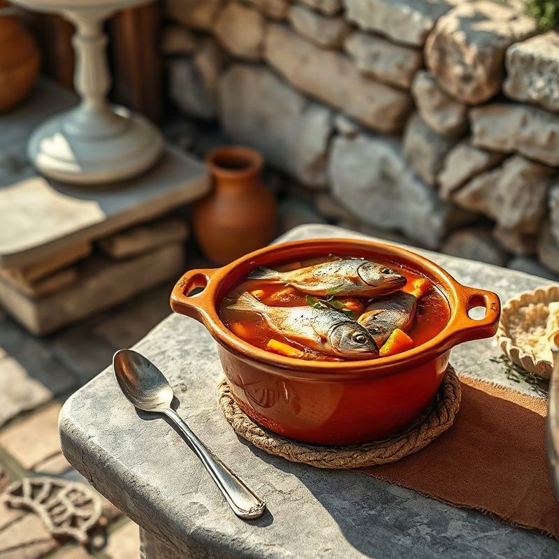 Tradicionalna dalmatinska gregada u terakotnom loncu na kamenom stolu, obasjana amber-zlatnim svjetlom