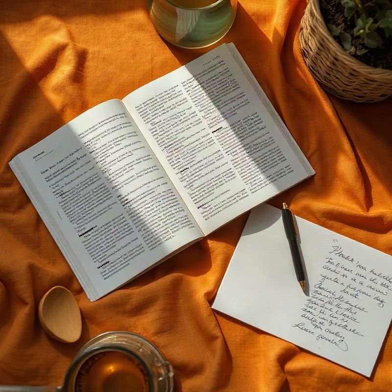 Otiskane stranice časopisa i rukom pisane bilješke na amber-zlatnom lanenom stolu
